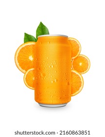 Aluminum Orange Soda Can With Fruits On White Background