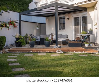 An aluminum pergola on the terrace will provide protection against adverse weather, e.g. against snow water, but also protects against the sun's rays in the summer.