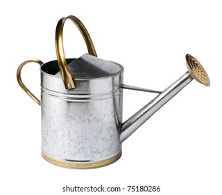 Aluminum silver watering can isolated on white