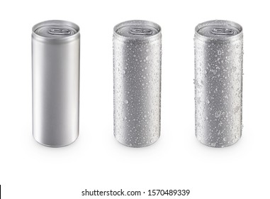 Aluminum slim cans in silver isolated on white background,canned with water drops,canned with water drops and ice,canned top view