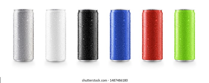 Aluminum slim cans in silver,white,black,blue,red,green isolated on white background,canned with water drops