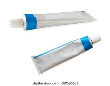 Aluminum tube of cream ointment isolated on white background. Top and side view