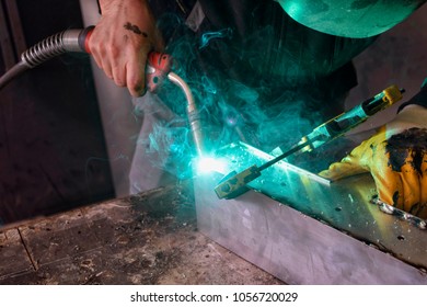 Aluminum Welding Work. Welding Fumes And Gases With Spread Spark