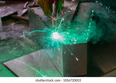 Aluminum Welding Work. Welding Fumes And Gases With Spread Spark