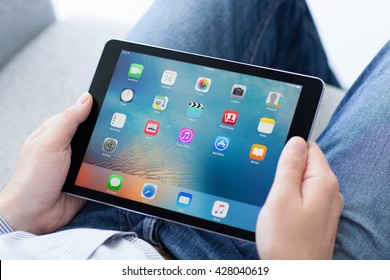 Alushta, Russia - May 14, 2016: Man Holding In The Hand A New IPad Pro Space Gray. IPad Pro Was Created And Developed By The Apple Inc.