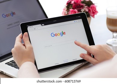 Alushta, Russia - October 20, 2016: Woman Holding A IPad Pro Space Gray With Social Networking Service Google On The Screen. IPad Pro Was Created And Developed By The Apple Inc.