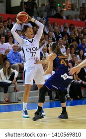 Alysha Clark Of Lyon And Romane Bernies Of Montpellier During Women's French Championship Final Game 5 Basketball Lyon ASVEL Vs Montpellier On 5, 23, 2019 Mado Bonnet Hall Lyon France