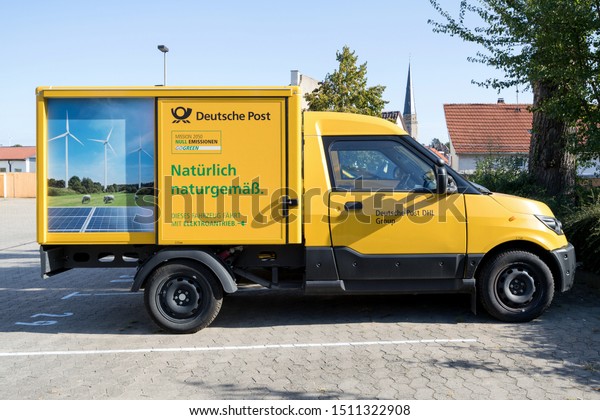 ALZEY,\
GERMANY - September 14, 2019: StreetScooter Work of Deutsche Post\
DHL. StreetScooter is an electric vehicle manufacturer and has been\
owned by Deutsche Post DHL Group since\
2014.