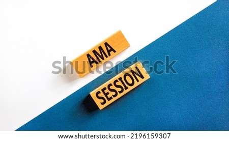 AMA ask me anything session symbol. Concept words AMA ask me anything session on wooden blocks on a beautiful white and blue background. Business and AMA ask me anything session concept. Copy space.