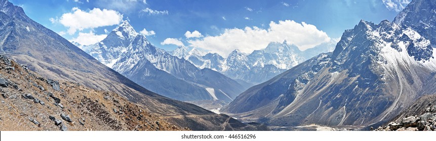Ama Dablam, Malanphulan, Mera Peak summits and other. Himalayas mountain panorama view from way to Dukla (Everest Base Camp trek) - Sagarmatha National Park, Nepal.