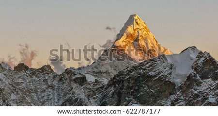 The Ama Dablam peak at sunset - Everest region, Nepal, Himalayas 
