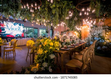 Amadeo, Cavite - Dec 2020: A stunning indoor garden wedding reception at Viridis, one of many event venues near Tagaytay, regarded as the wedding capital of the Philippines.