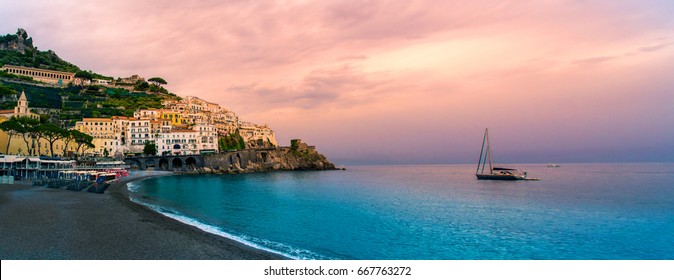 Amalfi Coast. Beautiful Sunset At Amalfi Coast In Panoramic.