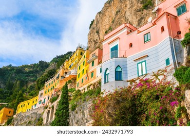 Amalfi coast, Italy. Colorful architecture on the rocks in Amalfi town. Beautiful cityscape at sunset - Powered by Shutterstock