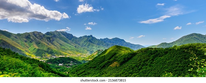 Amalfi Coast, Italy. Green mountains. View on the enchanting hills of the Lattari Mountains close to the Amalfi Coast. Banner header horizontal. - Shutterstock ID 2136873815