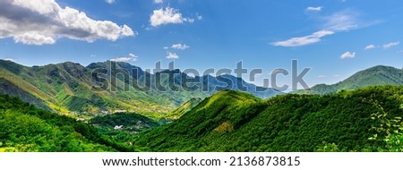 Amalfi Coast, Italy. Green mountains. View on the enchanting hills of the Lattari Mountains close to the Amalfi Coast. Banner header horizontal.