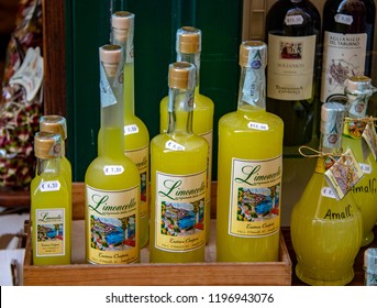 Amalfi, Italy - 09/22/2018: Bottles Of Limoncello In The Town Of Amalfi Along The Amalfi Coast In Italy