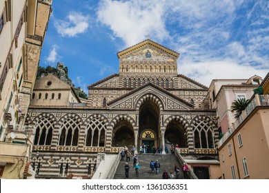 AMALFI, ITALY - MAR 10, 2019: Tourists On The Staircase Of St Andrew Cathedral, Amalfi, Italy