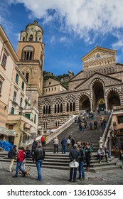 AMALFI, ITALY - MAR 10, 2019: Tourists On The Staircase Of St Andrew Cathedral, Amalfi, Italy