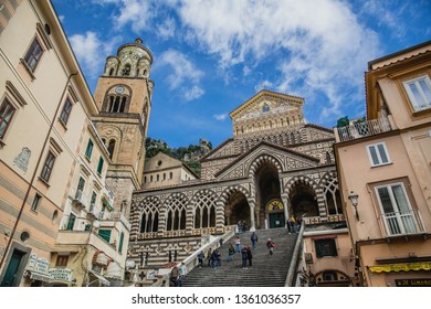 AMALFI, ITALY - MAR 10, 2019: Tourists On The Staircase Of St Andrew Cathedral, Amalfi, Italy