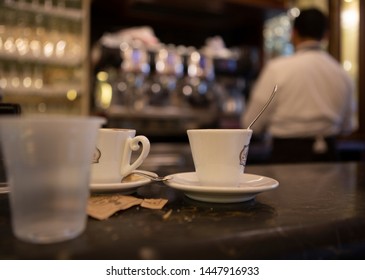 Amalfi, Italy-February 2, 2018:
Empty Cup Of An Espresso Coffee In An Italian Bar In Amalfi With A Amalfi 