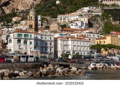 Amalfi (SA), Italy - February 26, 2022: View of Amalfi, Italy from the pier.