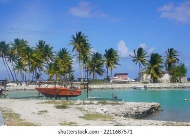 Amanu Atoll, Tuamotu Archipelago, French Polynesia, September 13, 2022. Idyllic Polynesian Island Boat Harbor