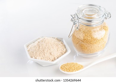 Amaranth Flour In Bowl, Superfood Close-up Image