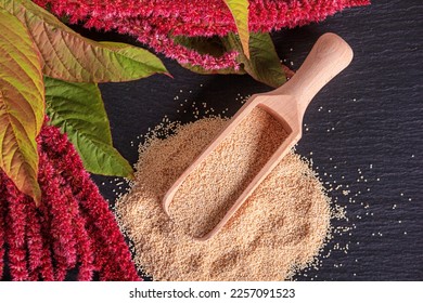 Amaranth grits with scoop and blooming branches amaranth on the black surface of the slate stone, closeup with selective focus, top view - Shutterstock ID 2257091523