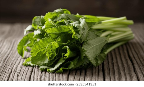 Amaranth Leaves: A cinematic close-up of fresh amaranth leaves on a table, showcasing their vibrant green color - Powered by Shutterstock