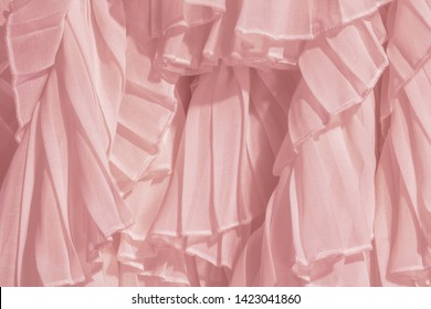 Amaranth Pink Color Chiffon Fabric Folds. Rose Dress With Ruffles And Frills. 