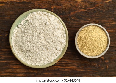 Amaranth Seeds And Amaranth Flour In Small Bowls