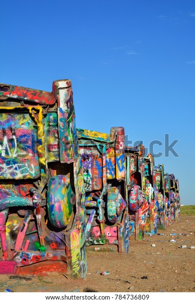 Amarillo, Texas - July 21,
2017 : Cadillac Ranch in Amarillo. Cadillac Ranch is a public art
installation of old car wrecks and a popular landmark on historic
Route 66