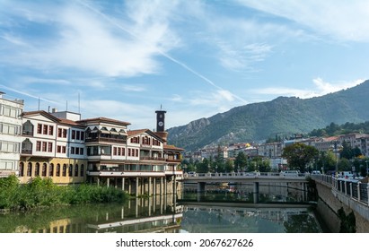 Amasya, City Of Sultans. Turkey's Touristic And Historical Travel Route Amasya With Its Green Nature. Historical Clock Tower Of Amasya. Reflection Of The Ancient City From The Water.