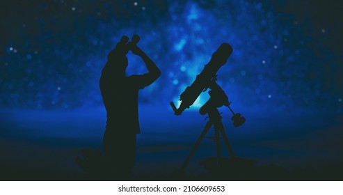 Amateur Astronomer Searching Stars And Planets On A Night Sky With Telescope And Binoculars.