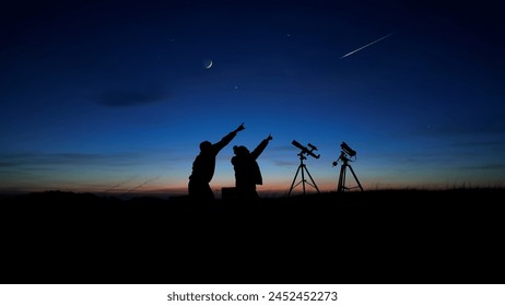 Amateur astronomers looking at the evening skies, observing planets, stars, Moon and other celestial objects with a telescope and camera on a star tracker. - Powered by Shutterstock