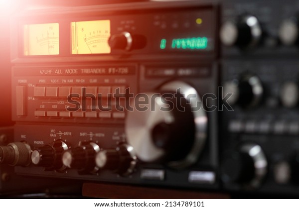 Amateur\
radio station: closeup of an a radio\
transceiver