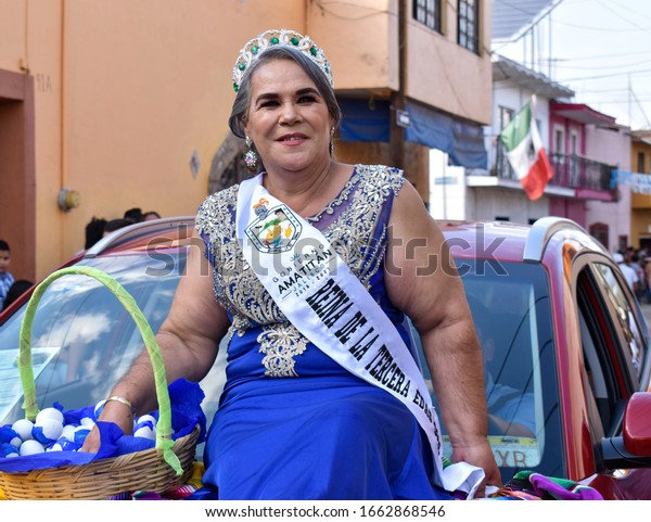 Amatitan, Jalisco, Mexico;\
02 22 2020: Senior female wearing crown and a band reading \
