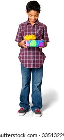 Amazed African Young Boy With Short Black Hair In Casual Outfit Holding Wrapped Gift - Isolated