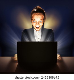 An amazed business woman looking at a laptop screen. Her face is illuminated by the resplandescent content of the screen. She looks in awe and happy.