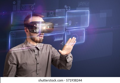 Amazed businessman with virtual reality charts and data in front of him - Powered by Shutterstock