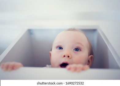 Amazed Child Looking Behind The Wall. Curious Baby Sitting Inside The Box. Little Girl With Beautiful Blue Eyes. Child Look At You. Hey, I See You! 