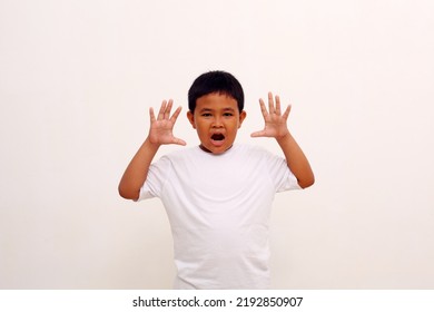 Amazed Excited Asian Boy Standing With Funny Expression. Isolated On White Background