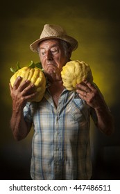 Amazed Farmer Portrait With Two Giant Cedars Fruit Around The Neck.  Black And Yellow Background