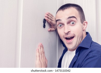 Amazed Guy Next To Front Door, Portrait, Close Up, Toned