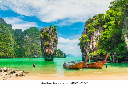 Amazed nature scenic landscape James bond island with boat for traveler Phang-Nga bay, Attraction famous landmark tourist travel Phuket Thailand summer vacation trips, Tourism destinations place Asia - Shutterstock ID 1499136152