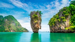 Vista Panorámica De La Naturaleza Asombrosa Paisaje James Bond Isla Phang-Nga, Atracción Famoso Viaje Turístico Popular Phuket Tailandia Vacaciones De Verano, Turismo Hermoso Lugar Asia
