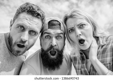 Amazed surprised face expression. How to impress people. Shocking impression. Men with beard and woman looking shocked. No way. Friends shocked faces looking at you. That is impossible. Shocking news.