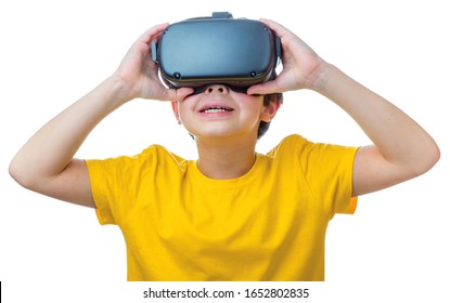 Amazed Teen Boy Wearing Virtual Reality Goggles Or Playing Video Games. Surprised Teenager Looking In VR Glasses. Emotional Portrait Of Child Experiencing 3D Gadget. On White Background