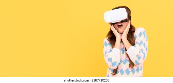 amazed teen girl wear vr glasses using future technology for education in virtual reality. Banner of child girl with virtual reality vr headset, studio portrait with copy space.